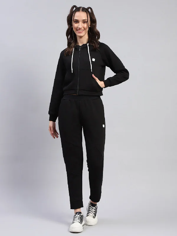 Women Black Solid Hooded Full Sleeve Tracksuit Hoodie with Longline Fit Extended Stylish