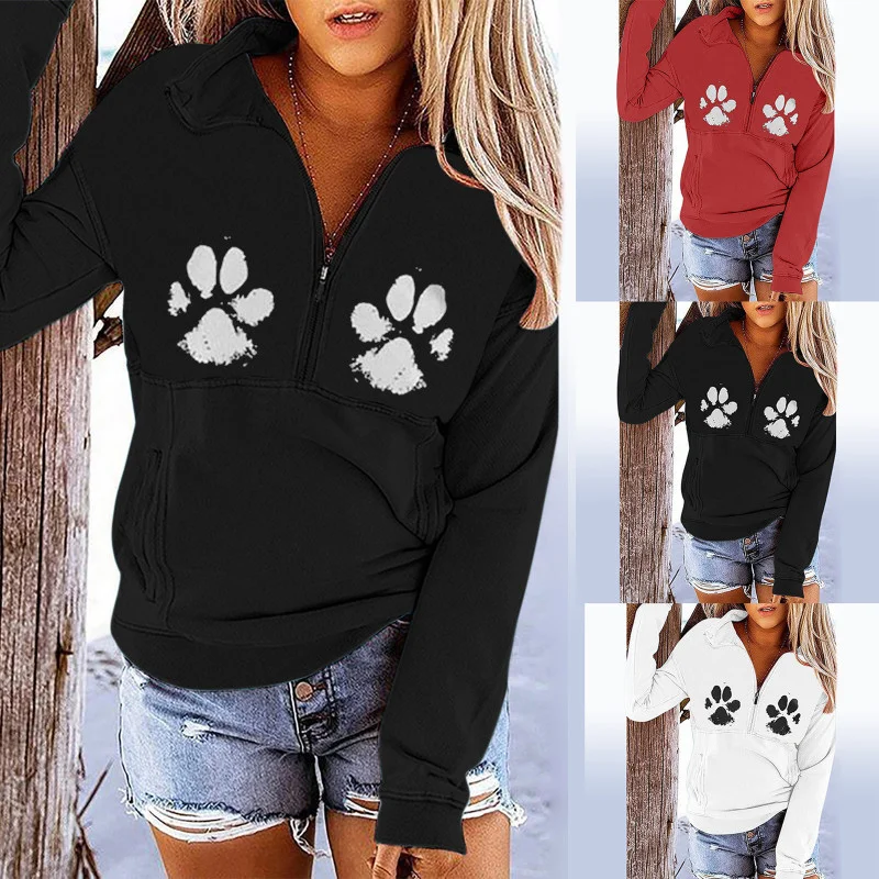 Women Casual Animal Footprint Pattern Loose Long Sleeve Hoodie Hoodie Sweatshirt Pullover