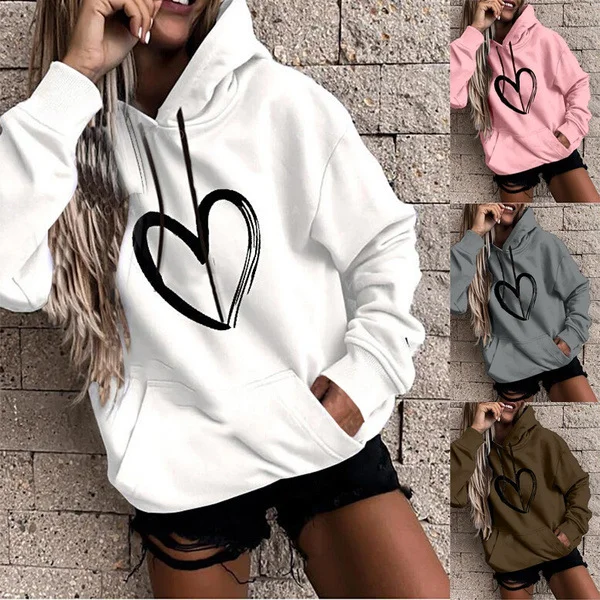 Women Casual Basic Hoodie Fashion Heart Print Long Sleeve Sweatshirt Hoodie with Gradient Ombre Colorful