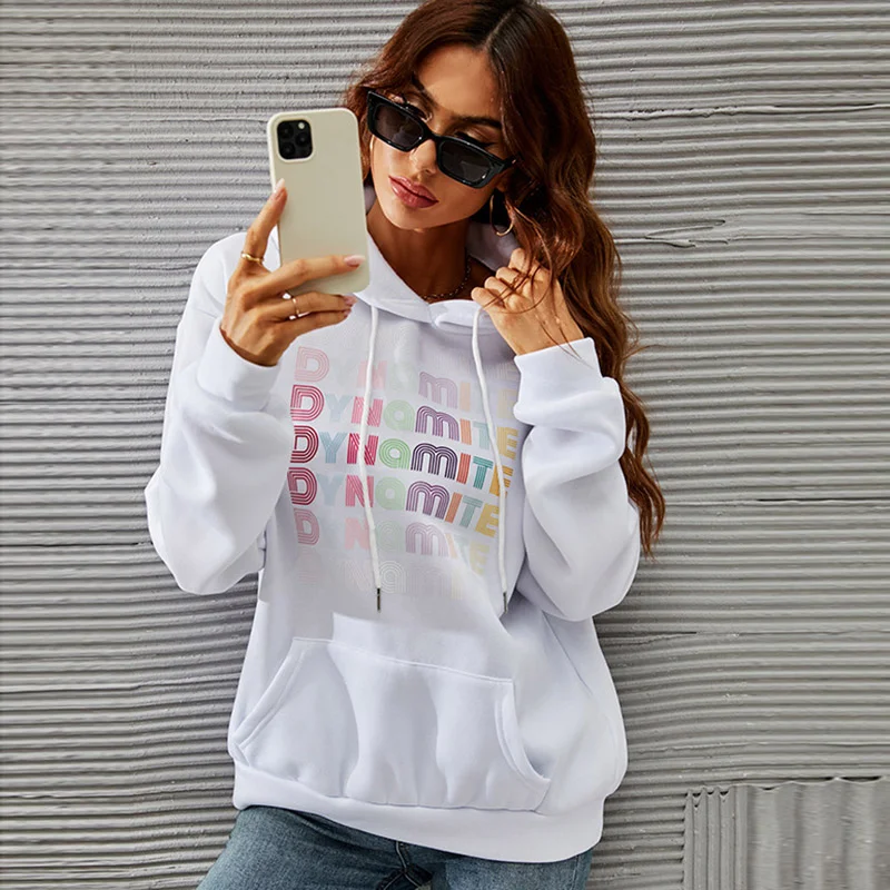 Women Casual Basic Long Sleeve Gradient Letter Print Pocket Hoodie Hoodie with Applique Textured Unique