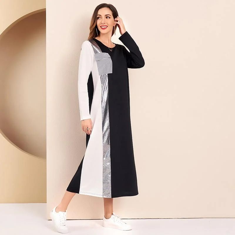 FashionSierra - Women Casual Dress Sequin Panel Colorblock O Neck Long Sleeve Maxi Dresses Cozy Maxi Dress with Slit