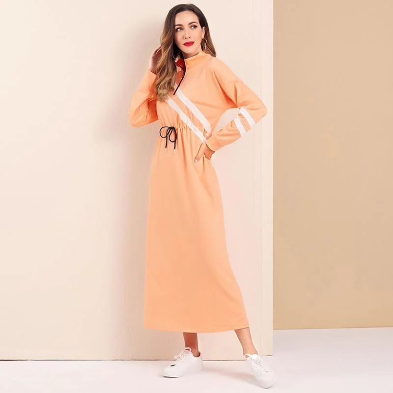 FashionSierra - Women Casual Dress Zip Half Placket Contrast Striped Drawstring Detail Dress Long Sleeve Maxi Dresses Autumn Stylish Boho Chic Maxi Dress