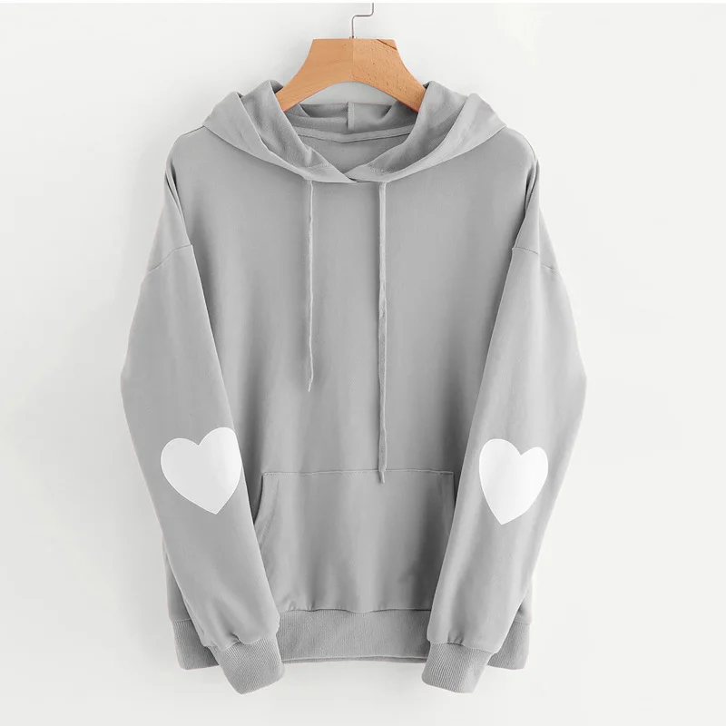 Women Casual Long Sleeve Sweet Heart Print Solid Color Hoodie Hoodie with Contrast Stitching Detailed Premium