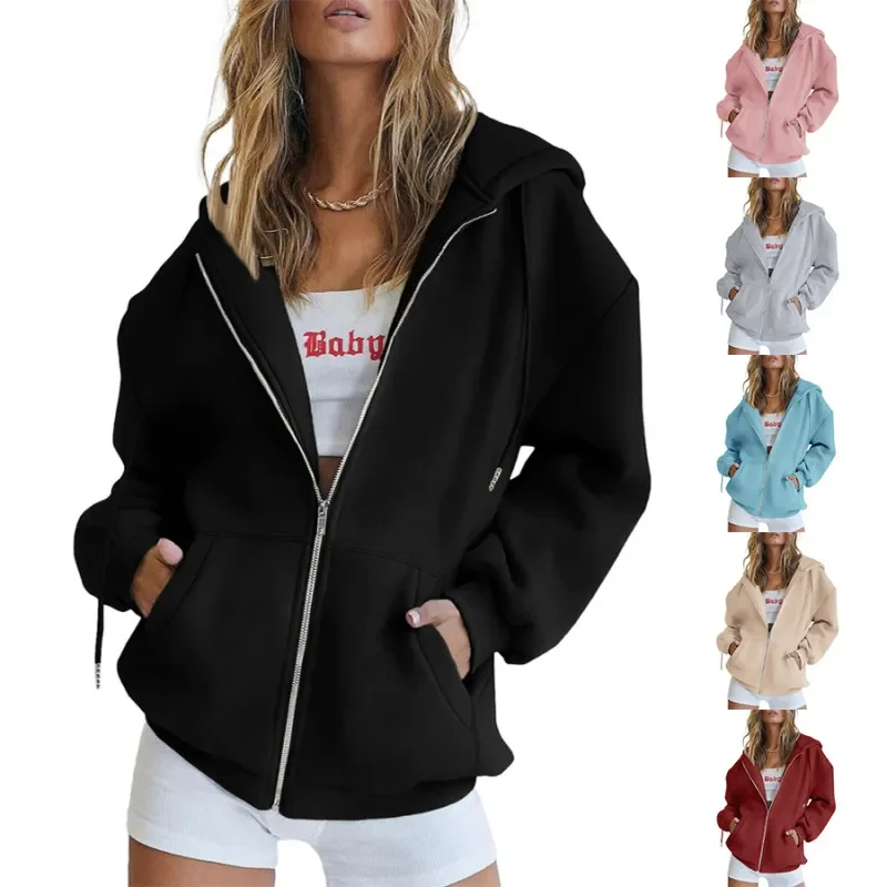 (Buy 1 Get 1) Women Casual Loose Zipper Long Sleeve Hooded Sweatshirt Jacket Hoodie Sweatshirt Pullover