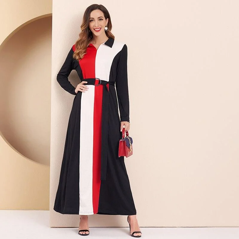 FashionSierra - Women Dress Office Lady Elegant Color Block Turn-down Collar Long Sleeve Belted Maxi Dress Comfortable Bohemian Maxi Dress