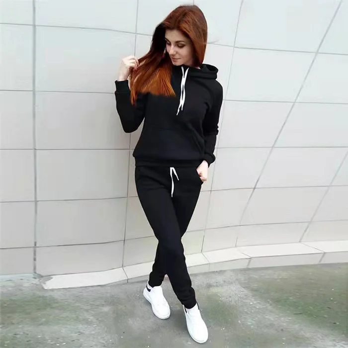 Women Fashion Cacsual Solid Color Pocket Hoodies Drawstring Defined Waist Pants Sports 2pcs Set Hoodie with Longline Fit Extended Stylish