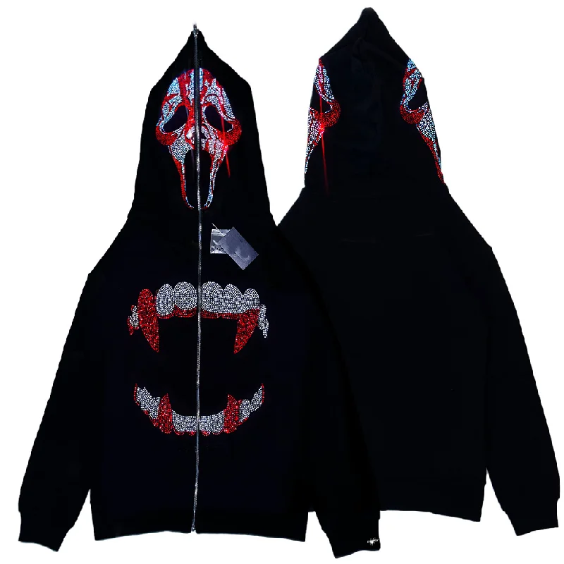 Women Fashion Y2k Edgy Rhinestone Shark Patter Hoodie Hoodie with Hem Contrast Bold Stylish