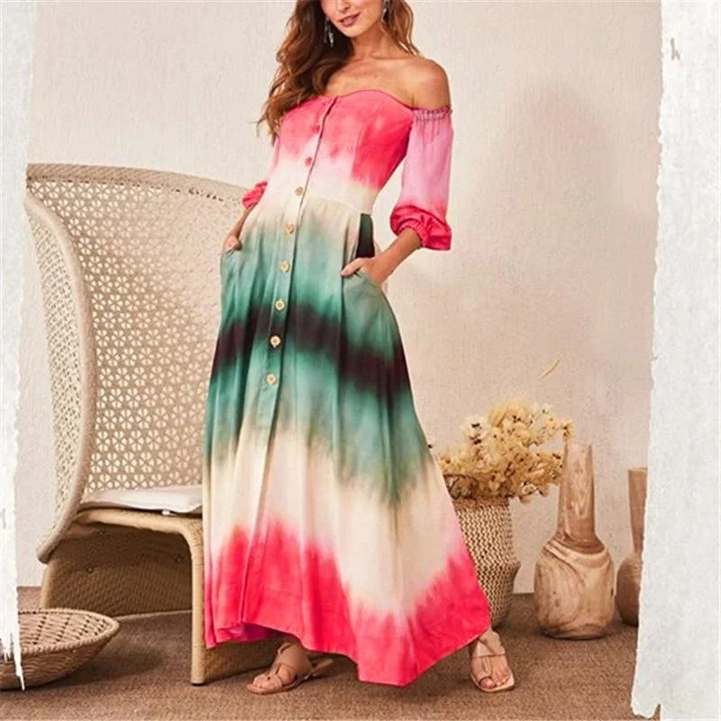 FashionSierra - Women Gradation Color Off Shoulder Long Dress Single Breasted Long Sleeve Maxi Dress with Pocket Casual Summer Beach Robe Femme Comfortable Bohemian Maxi Dress