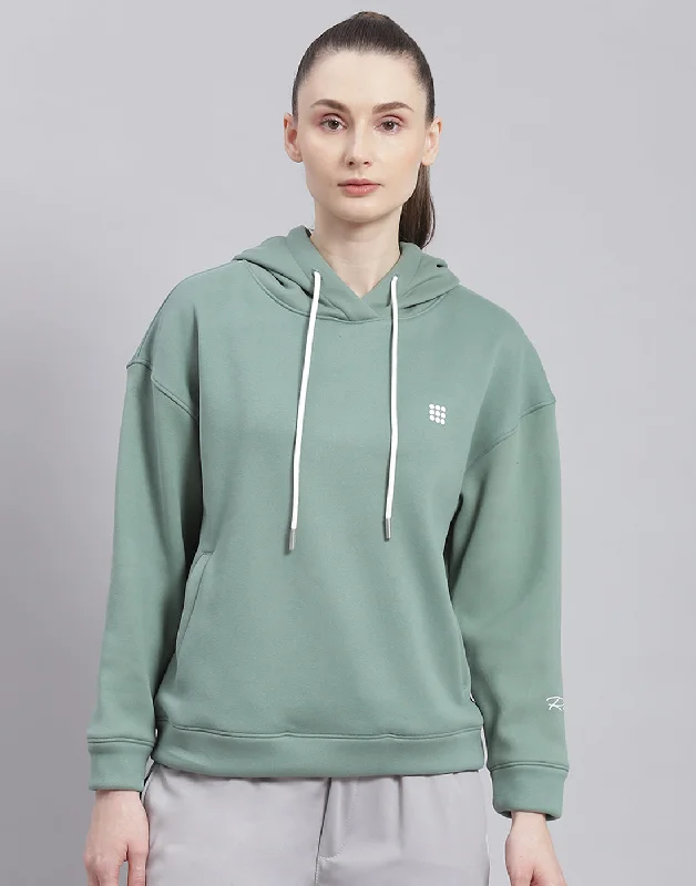 Women Green Solid Hooded Full Sleeve Sweatshirt Hoodie with Metallic Shiny Futuristic