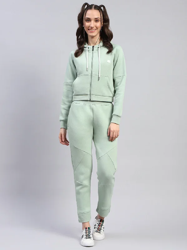 Women Green Solid Hooded Full Sleeve Tracksuit Hoodie with Set-In Sleeves Structured Classic