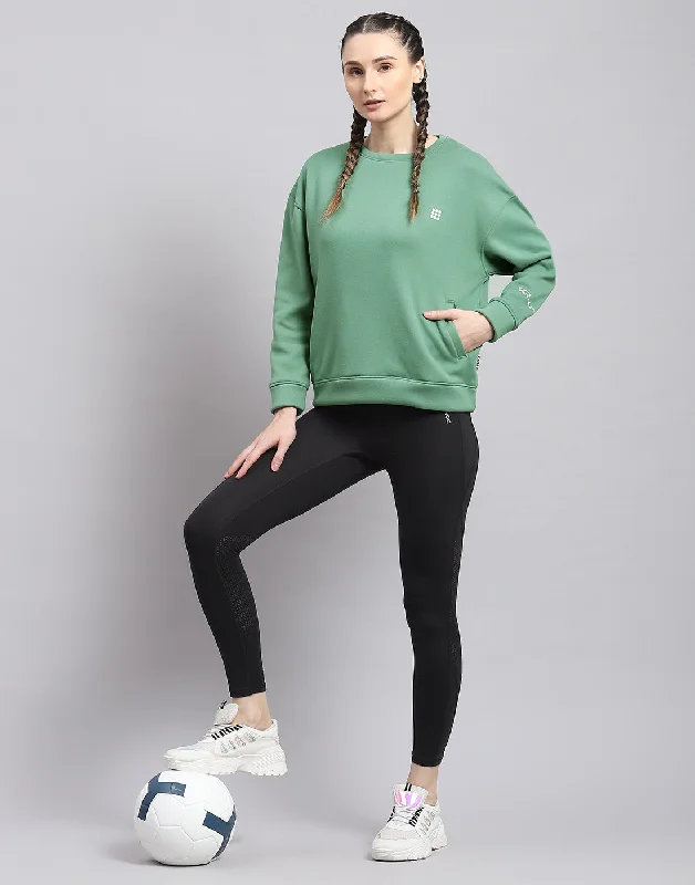 Women Green Solid Round Neck Full Sleeve Sweatshirt Hoodie with Hem Drawcord Adjustable Customizable