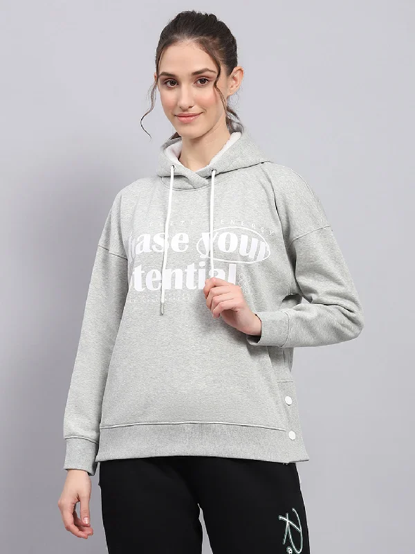 Women Grey Printed Hooded Full Sleeve Sweatshirt Hoodie with Toggle Buttons Decorative Unique