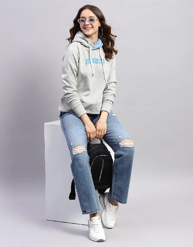 Women Grey Solid Hooded Full Sleeve Sweatshirt Hoodie with Button Placket Classic Preppy