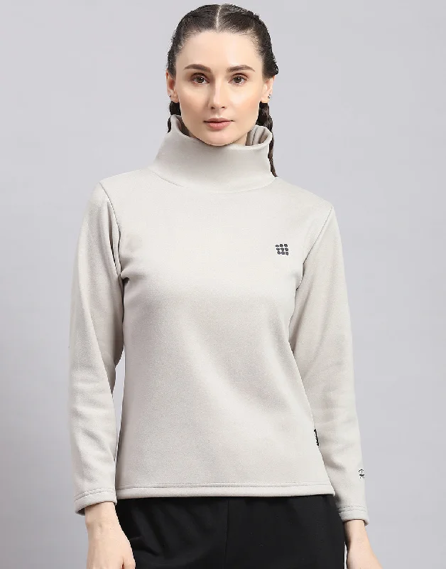 Women Grey Solid T Neck Full Sleeve Sweatshirt Hoodie with Zipper Placket Modern Functional