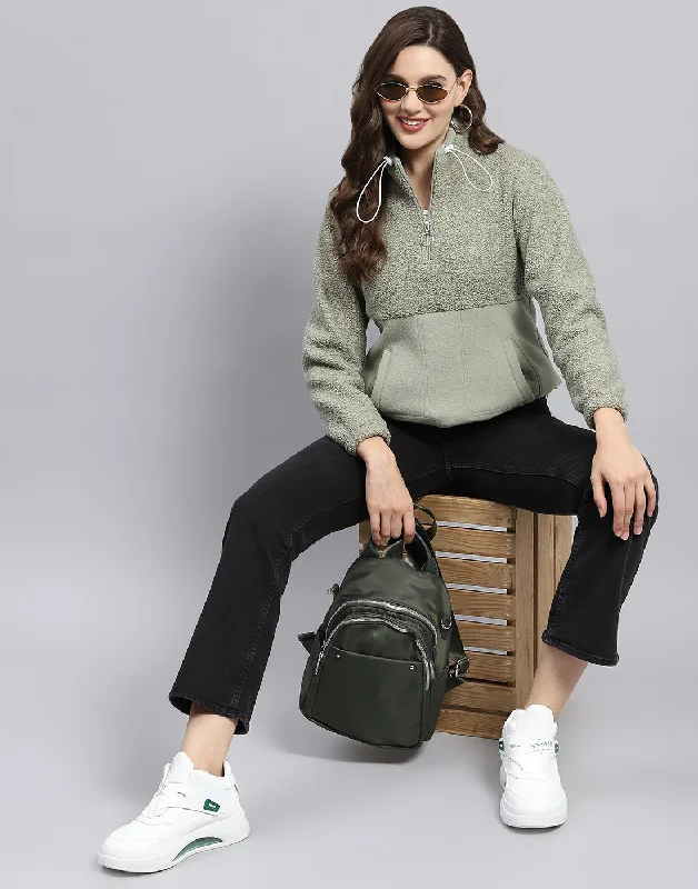 Women Grey Solid Turtle Neck Full Sleeve Sweatshirt Hoodie with V-Neck Classic Versatile