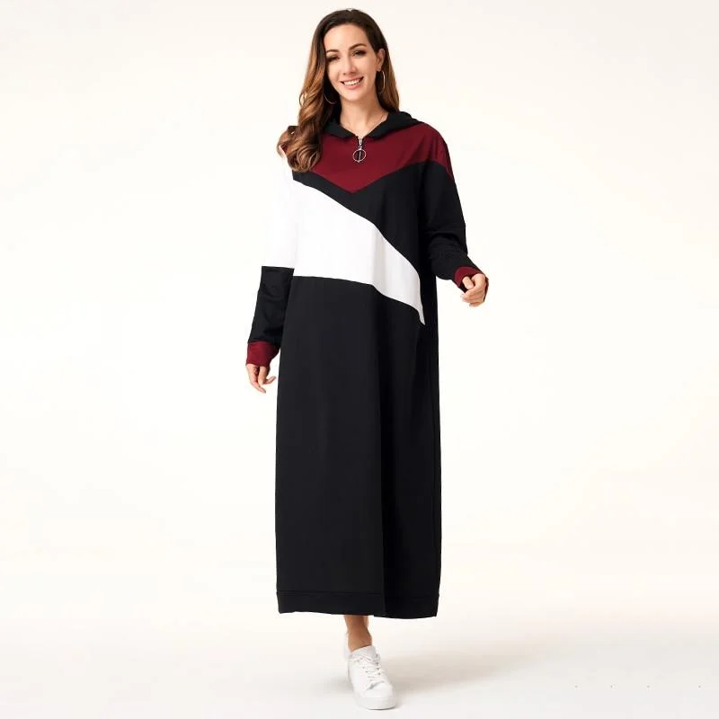 FashionSierra - Women Hoodie Dresses Patchwork Zipper Long Sleeve Hooded Maxi Dresses Casual Dress Women Autumn Classic Tulle Maxi Dress