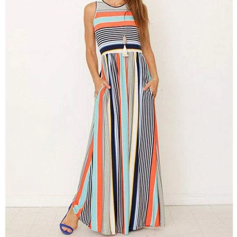 FashionSierra - Women Ladies Boho Stripe Bodycon Sleeveless Maxi Dress Pocket High Waist Summer Beach Dress Sundress New Classic Tulle Maxi Dress