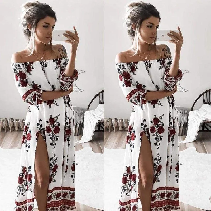 FashionSierra - Women Ladies Clothing Dress Chiffon Floral Long Sleeve Party Flower Casual Long Maxi Dresses Women Summer Sundress Cozy Open-Back Maxi Dress