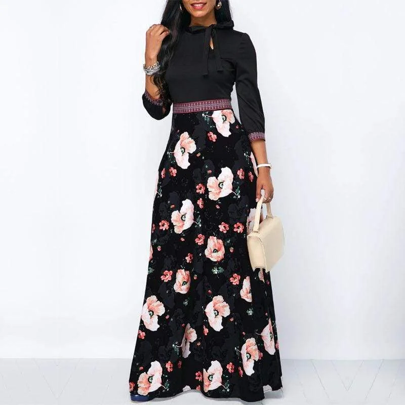 FashionSierra - Women Long Maxi Dresses Boho Floral Hollow Neck Three Quarter Sleeve Ethnic Summer Beach Female Stylish Style Dress Cozy Cold-Shoulder Maxi Dress