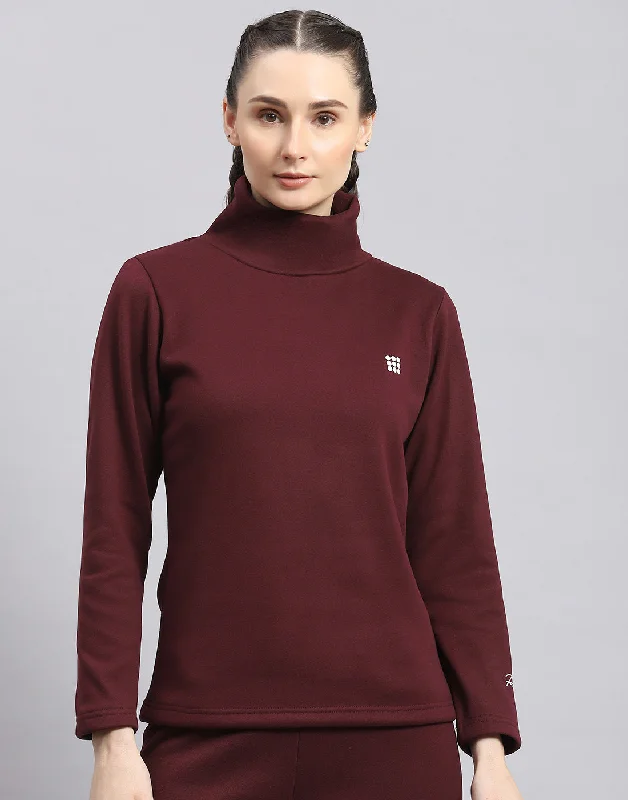 Women Maroon Solid T Neck Full Sleeve Sweatshirt Hoodie with Earth Tones Natural Calm