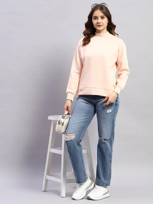 Women Peach Solid High Neck Full Sleeve Sweatshirt Hoodie with Oversized Fit Loose Comfortable