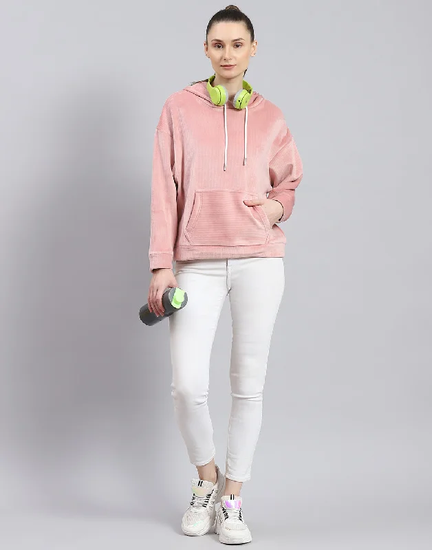 Women Peach Solid Hooded Full Sleeve Sweatshirt Hoodie with Zipper Versatile Modern