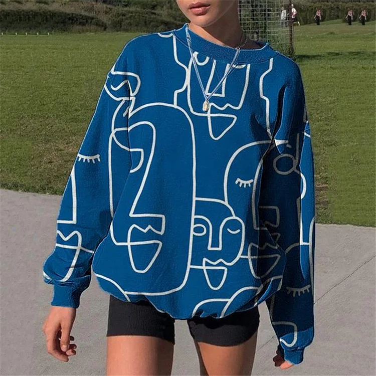 Women Printed Round Neck Long Sleeve Loose Casual Top Sweatshirt Hoodie with Ribbed Neckline Snug Warm