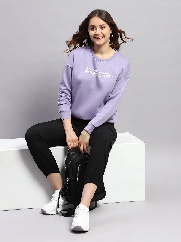 Women Purple Printed Round Neck Full Sleeve Sweatshirt Hoodie with Lining Warm Insulated