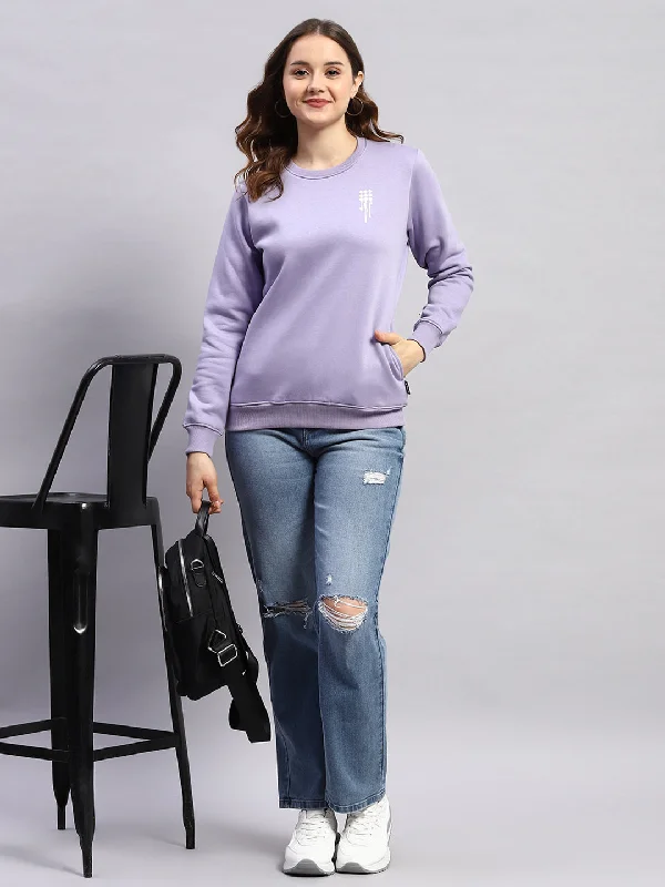 Women Purple Printed Round Neck Full Sleeve Sweatshirt Hoodie with Crew Neck Simple Timeless