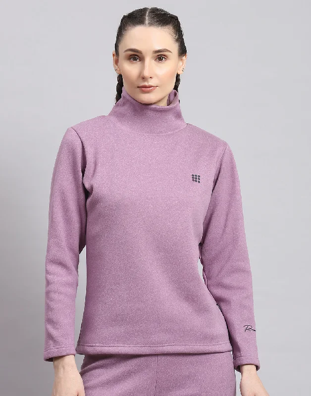 Women Purple Solid T Neck Full Sleeve Sweatshirt Hoodie with Monochrome Minimalist Simple