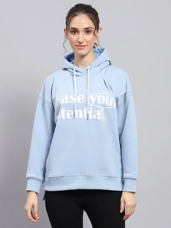 Women Sky Blue Printed Hooded Full Sleeve Sweatshirt Hoodie with Turtle Neck Cozy Winter