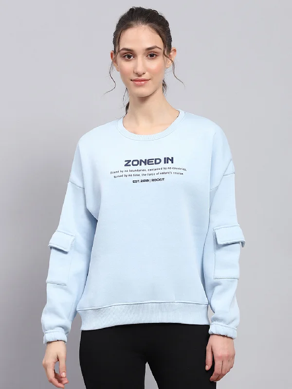 Women Sky Blue Printed Round Neck Full Sleeve Sweatshirt Hoodie with Hem Detail Decorative Unique