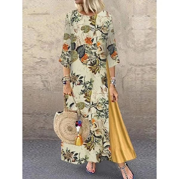 FashionSierra - Women Summer Boho Floral O Neck Long Sleeve Maxi Dress Ladies Casual Loose Dress Oversized Kaftan Beach Sundress Trendy Floral Print Maxi Dress