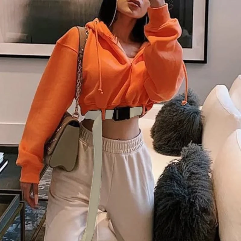 Women Unique Belt Neon Color Zipper Cropped Hoodie Hoodie with Tied Waist Feminine Flattering