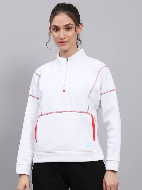 Women White Solid Mock Neck Full Sleeve Sweatshirt Hoodie with Hidden Zipper Minimalist Clean