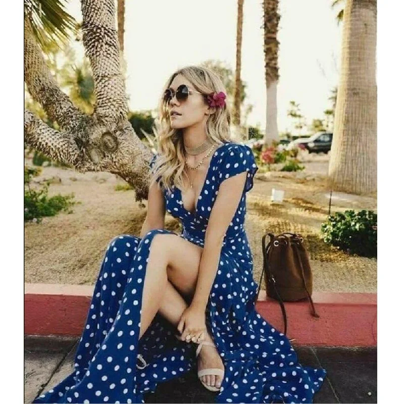 FashionSierra - Women Wrap Summer Boho Polka Dot Maxi Dress Casual Ladies Short Sleeve V Neck Holiday Beach Long Sundress Plus Size Trendy A-Line Maxi Dress