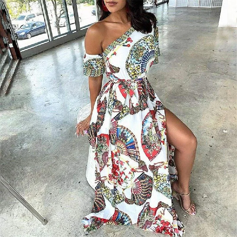 FashionSierra - Women's Boho Maxi Dress Fashion Ladies Casual One Shoulder Floral Holiday Summer Beach Evening Party Long Sundress Fashionable Sleeveless Maxi Dress