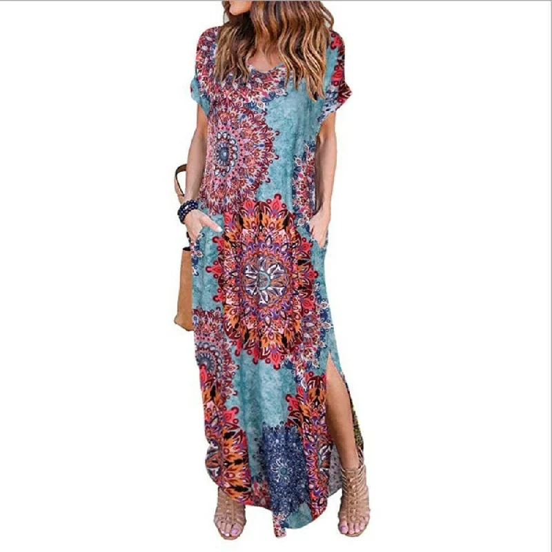 FashionSierra - Women's Boho Pocket Long Maxi Dress Floral Cocktail Party Summer Beach Casual V Neck Split Loose Dress Sundress Fashionable Chiffon Maxi Dress