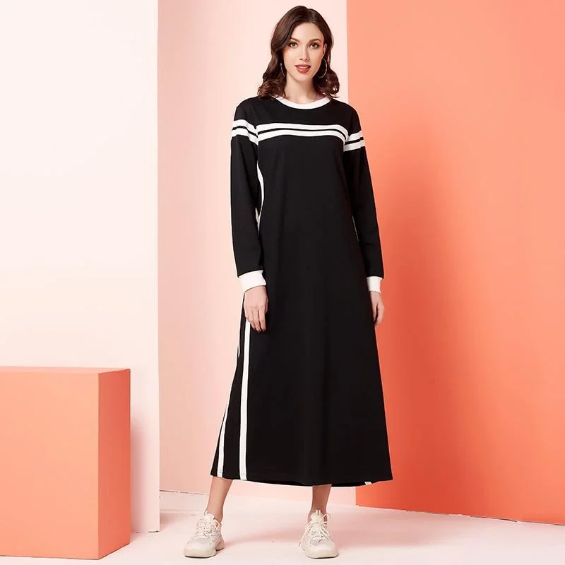 FashionSierra - Womens Casual Dress Black White Patchwork Plus Striped O Neck Long Sleeve Maxi Dresses Fashionable Sheer Maxi Dress