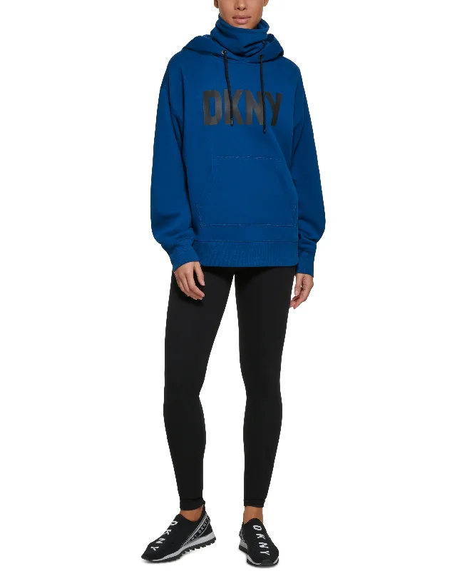 Women's Funnel-Neck Logo-Print Hoodie Hoodie with Puffed Sleeves Voluminous Trendy