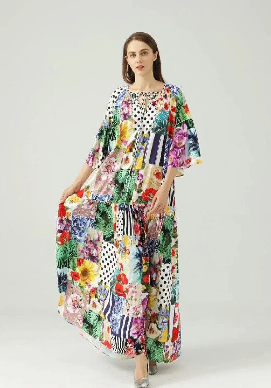 FashionSierra - O Neck 3/4 Sleeves Floral Printed Loose Design Fashion Maxi Dress Fashionable Chiffon Tiered Maxi Dress