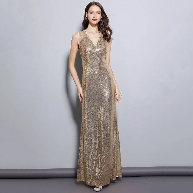 FashionSierra - Sequined Elegant Fashion Party Prom Long Maxi Dress Comfortable Fit-and-Flare Maxi Dress