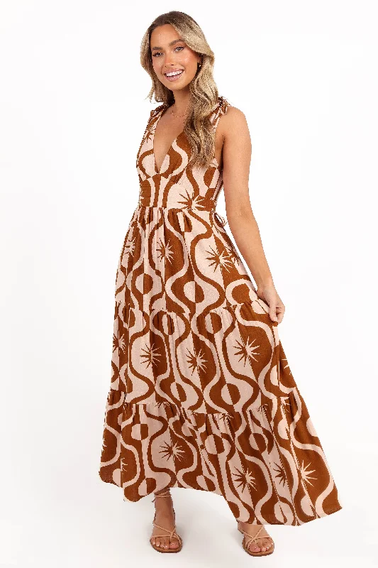 Zora Maxi Dress - Tan Print Fashionable High-Waist Maxi Dress