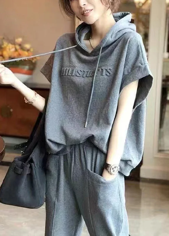 Casual Grey Hooded Sport Suit Cotton Two Pieces Set Summer Hoodie with Belted Waist Structured Tailored