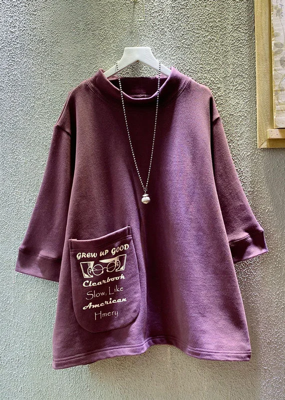 Loose Purple O-Neck Graphic Pockets Sweatshirts Summer Hoodie with Side Slits Relaxed Casual