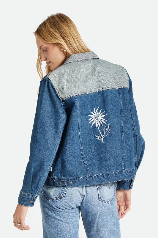 Cable Womens Embroidered Jacket - Two Tone Indigo Zippered Jacket Buttoned Jacket Snapped Jacket