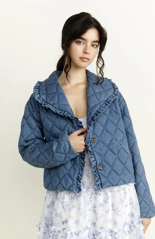 Denim Quilted Ruffle Jacket One-Shoulder Jacket Off-the-Shoulder Jacket Asymmetrical Jacket