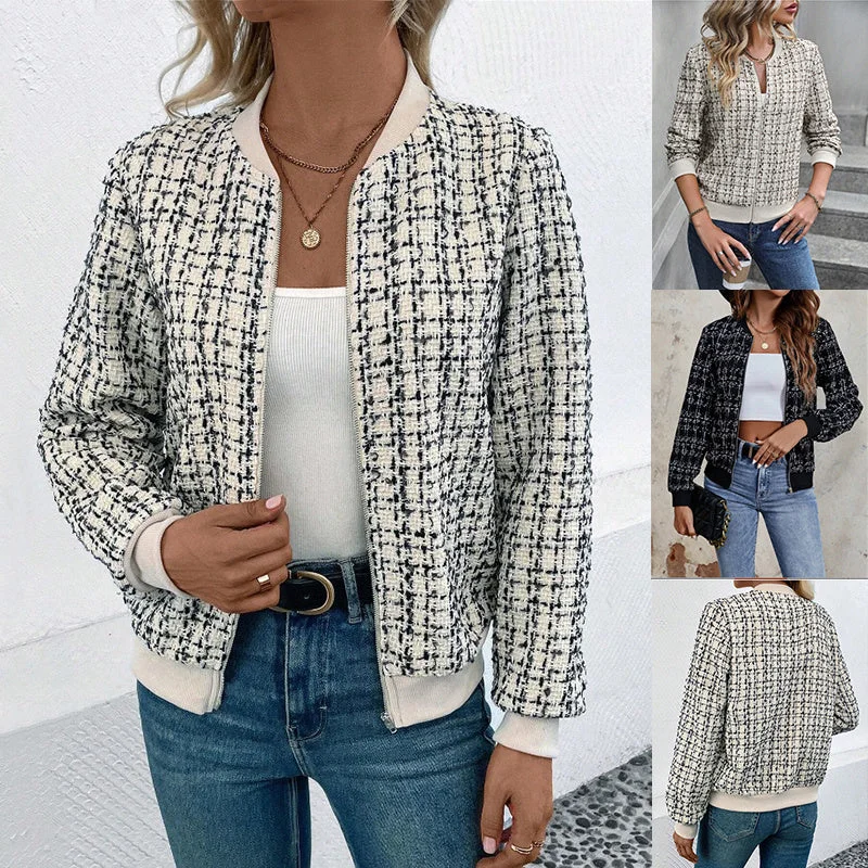 Fashionable & Versatile Plaid Zipper Jacket Zippered Jacket Buttoned Jacket Snapped Jacket