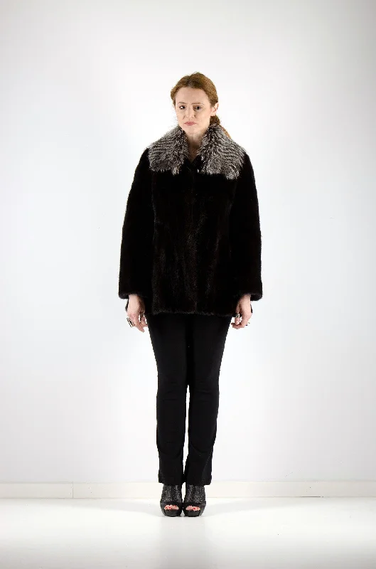 21 | Black Mink Fur Jacket With Silver Fox Trim A-Line Jacket Boat Neck Shawl Collar