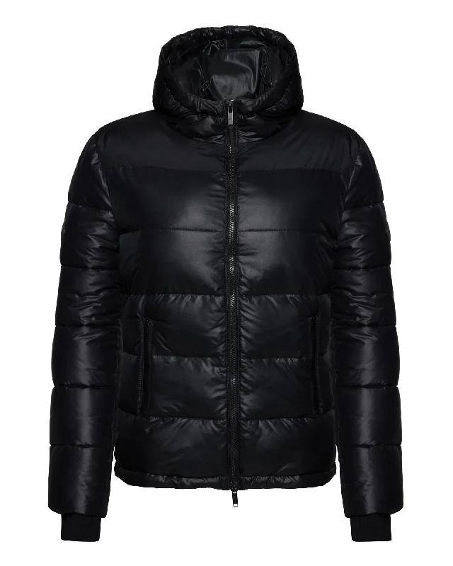 Hooded Short Down Jacket - Black Gloss Wool Jacket Cashmere Jacket Tweed Jacket